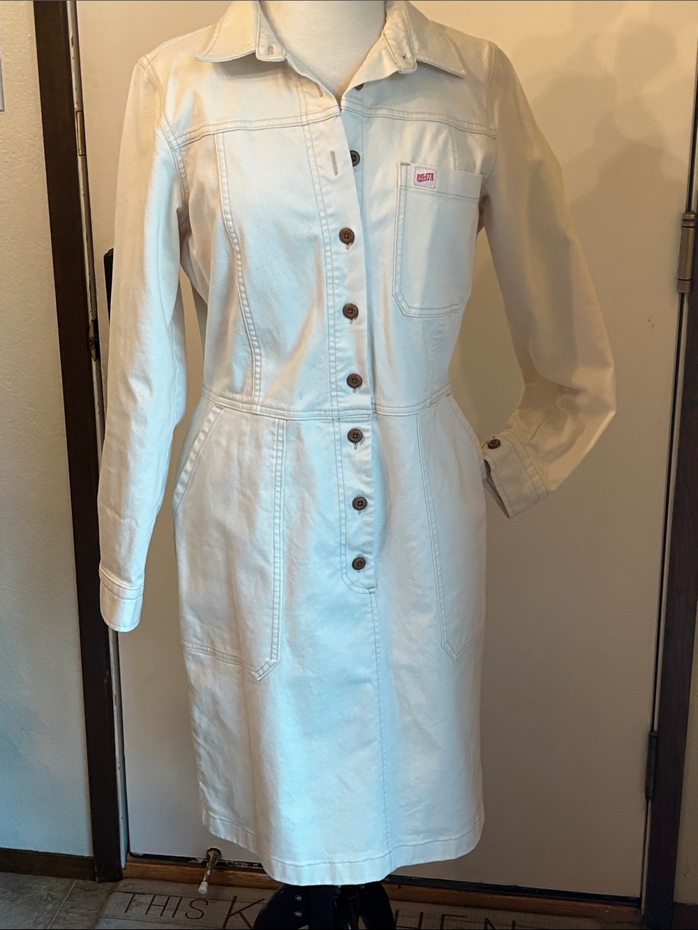 DULUTH TRADING CO DENIM IVORY JEAN LONG SLEEVE POCKETS FITTED COTTON DRESS SZ S